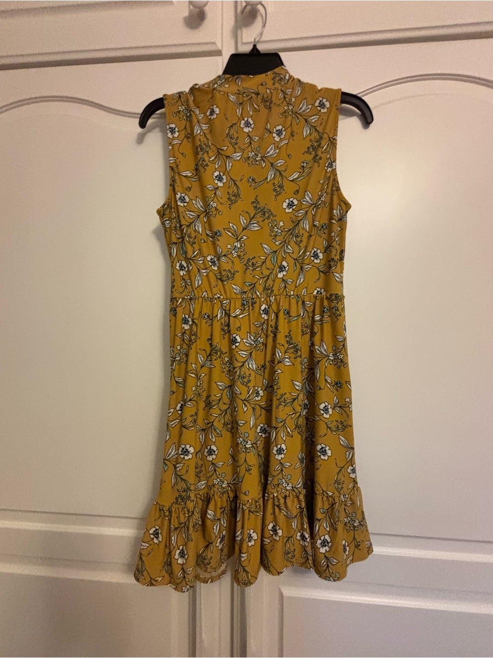 As U Wish Mustard Floral Sleeveless Ruffle-Hem Dress
